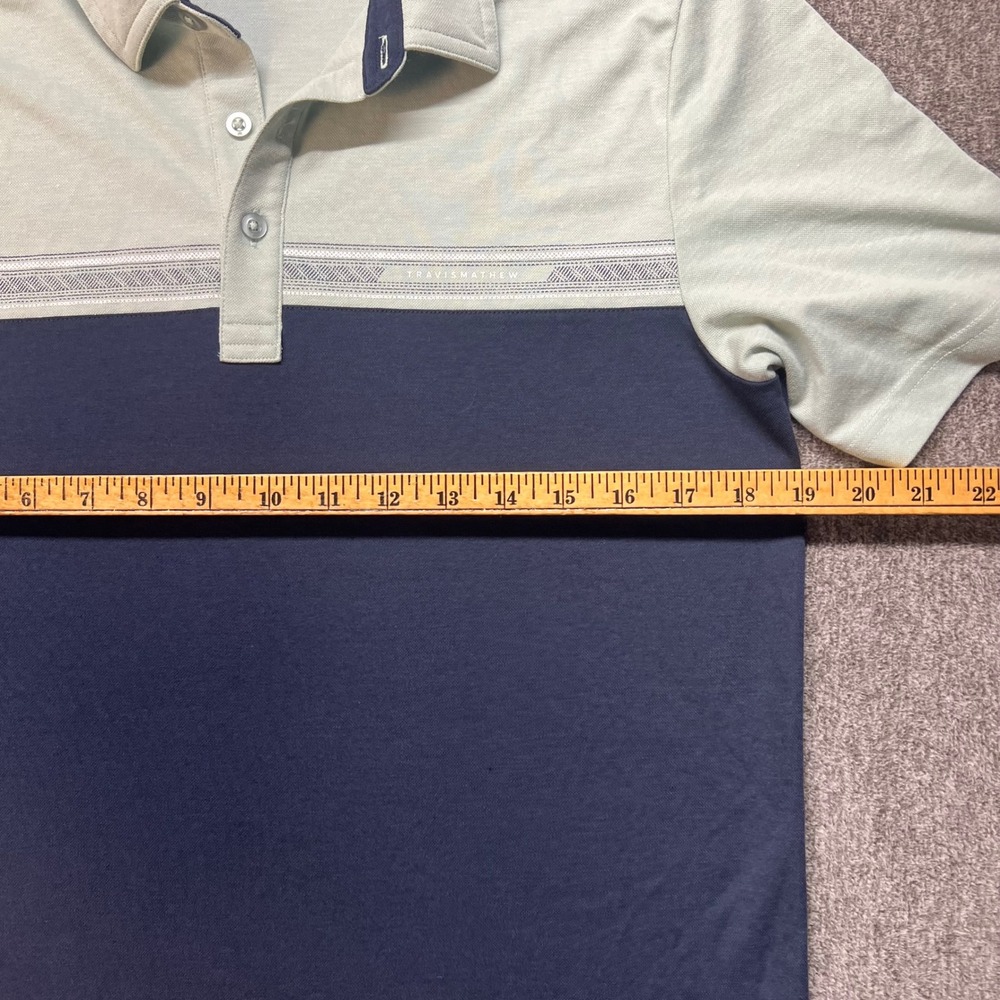 TravisMathew Mens Colorblock Polo Shirt Navy Green Geometric Chest Stripe Small - Picture 4 of 8